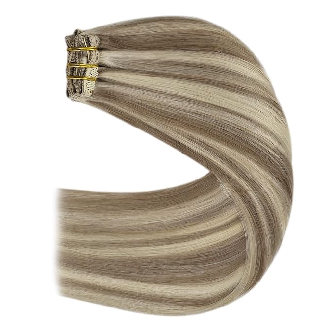 YoungSee Clip in Hair Extensions Real Human Hair Highlight Human Hair Extensions clip ins Light Brown Highlights with Blonde Clip in Hair Extensions Human Hair Silky Remy Hair 18In 120G 7Pcs