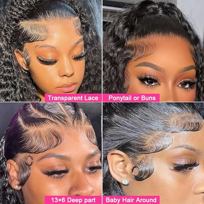 24 Inch 13×6 HD Lace Front Wigs Human Hair Water Wave 200 Density Lace Frontal Wigs Pre Plucked Deep Curly Human Hair Wig for Women Natural Black