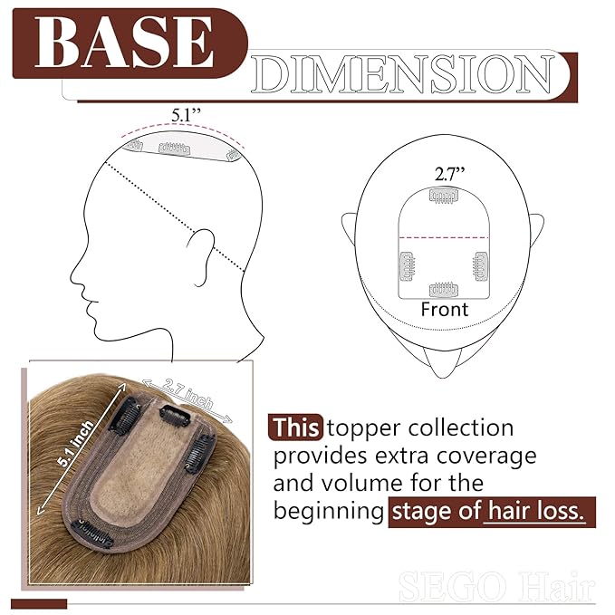 SEGO Real Human Hair Topper for Women, No Bangs Hair Topper with Anti-Slip Clips (16 Inches Light Brown)