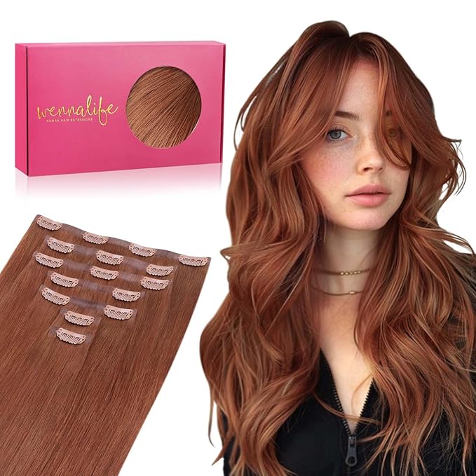 WENNALIFE Seamless Clip In Hair Extensions Human Hair, 16 Inch 130g 7pcs Dark Auburn Copper Real Hair Extensions Clip in Human Hair Invisible PU Skin Weft Natural Remy Human Hair Extensions