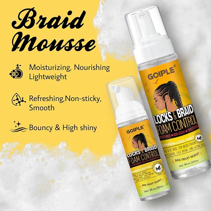 Braid Foam Control Mousse Braiding Hair Mousse for Braids Twist, Locs, No Flake Extra Hold High Shine Style and Moisturizes, Lightweight, Smooth, No Flake Easy to Apply (4pcs)