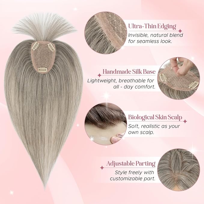 Real Human Hair Toppers for Women 3.54"*4.72" Silky Base 150% Density With Bangs Adjustable Parting Clip-In Topper Hairpieces for Women with Thinning Hair 12 Inches White Mixed Natural Black