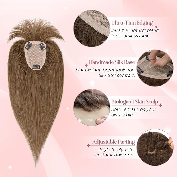 Real Human Hair Toppers for Women 3.54"*4.72" Silky Base 150% Density With Bangs Adjustable Parting Clip-In Topper Hairpieces for Women with Thinning Hair 16 Inches Medium Brown