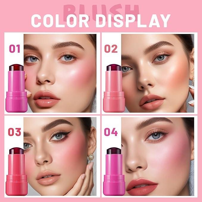 4 Pcs Jelly Blush Stick,Sheer Lip & Cheek Stain Makeup Cooling Water Jelly Tint, Multiple Use Long Lasting Jelly Texture Non-Stick Blush for Cheeks, Pigmented Waterproof Makeup Blush