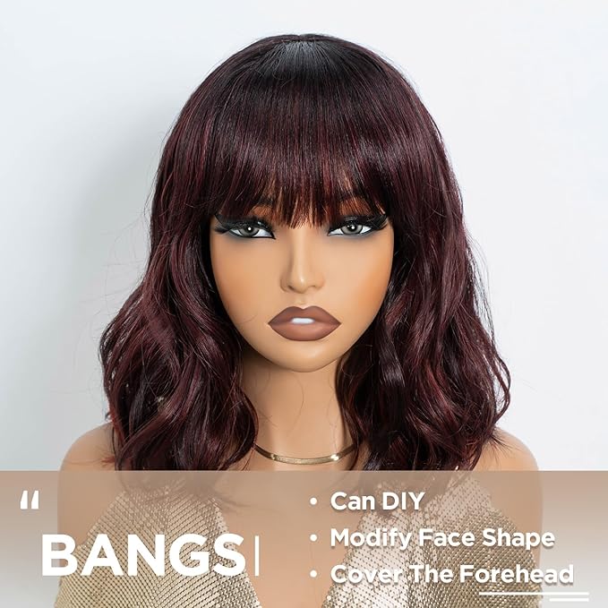 NOBLE Red Wig with Bangs for Women Short Colorful Wavy Bob Wig with Bangs Shoulder Length Ombre Wine Red Curly Wigs with Bangs Heat Resistant Synthetic Burgundy Colored Wigs for White Women