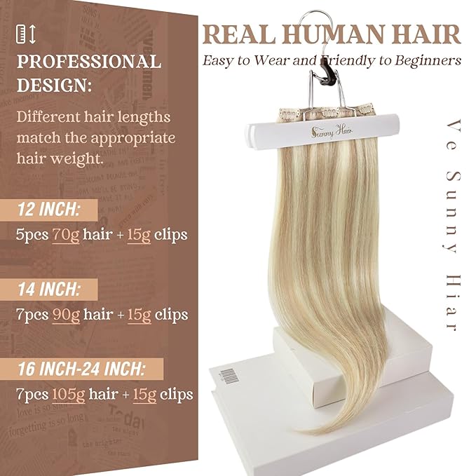 Ve Sunny Blonde Clip in Hair Extensions Highlight Human Hair Clip in Extensions for Women 12 Inch Real Hair Extensions Clip in Human Hair 80g