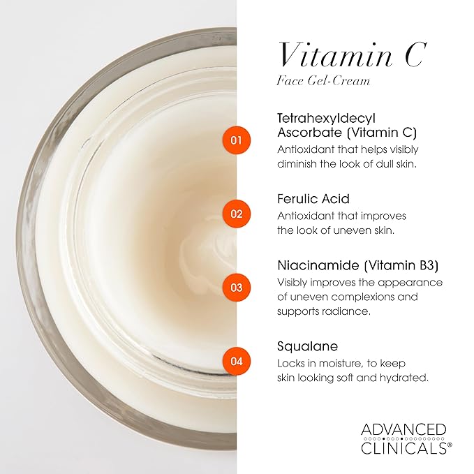 Advanced Clinicals Brightening Vitamin C Face Cream Gel With Niacinamide + Hyaluronic Acid | Vitamin C Moisturizer Lotion For Face Visibly Diminishes Look Of Dark Spots & Uneven Skin Tone, 2.5 Fl Oz