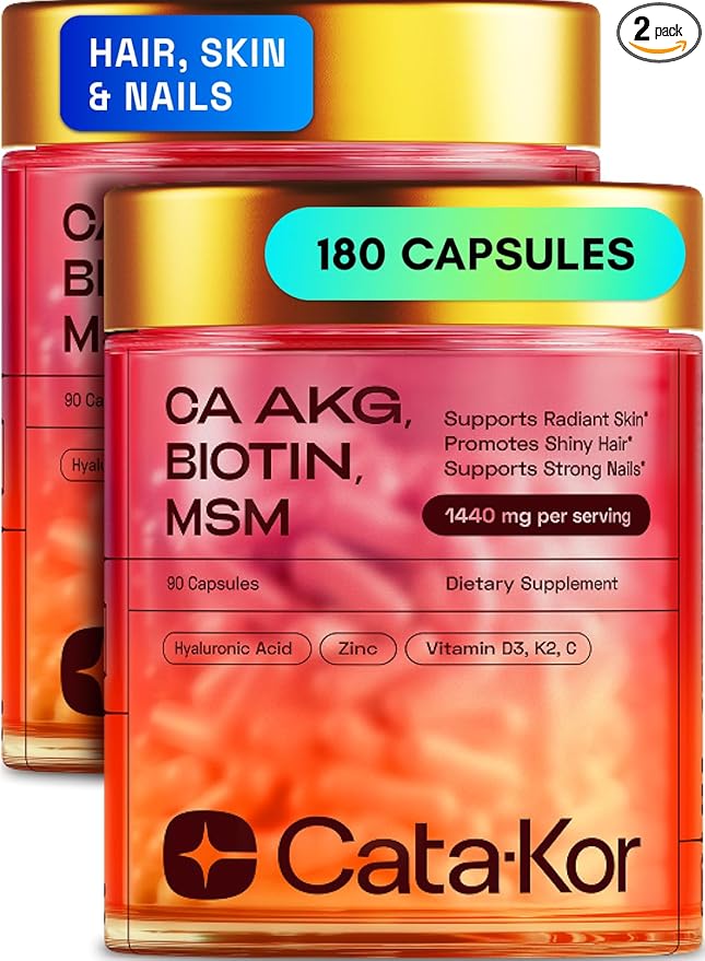 Hair Skin and Nails Supplement with Ca AKG | MSM | Hyaluronic Acid | Biotin | Vitamin C & Vitamin D3 K2 – Supports Radiant Skin, Promotes Shiny Hair & Strong Nails – 180 Capsules (2 Pack)