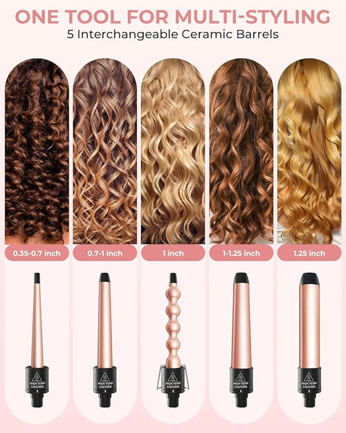 5 in 1 Curling Wand Set: Ohuhu Curling Iron Wand 5Pcs 0.35 to 1.25 Inch Interchangeable Ceramic Barrel Heat Protective Glove 2 Clips Dual Voltage Hair Curler Women Girl Mother Christmas Gift Rose Gold