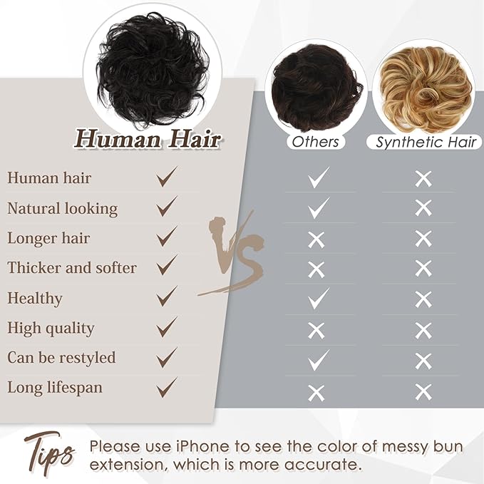 RUWISS Large Messy Bun Hair Piece 100% Human Hair Layered Wavy Curly Hair Buns Hair Piece for Women Thick Updo Hairpiece for Daily Wear Real Hair Scrunchies Natural Black Ponytail Extension