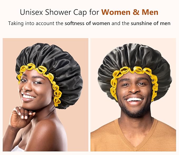 mikimini Extra Large Black Shower Cap for Women and Men Thick Long Hair Braids, Reusable Waterproof Double Layers XL Bathing Hair Caps with Vibrant Yellow Edge (Black)