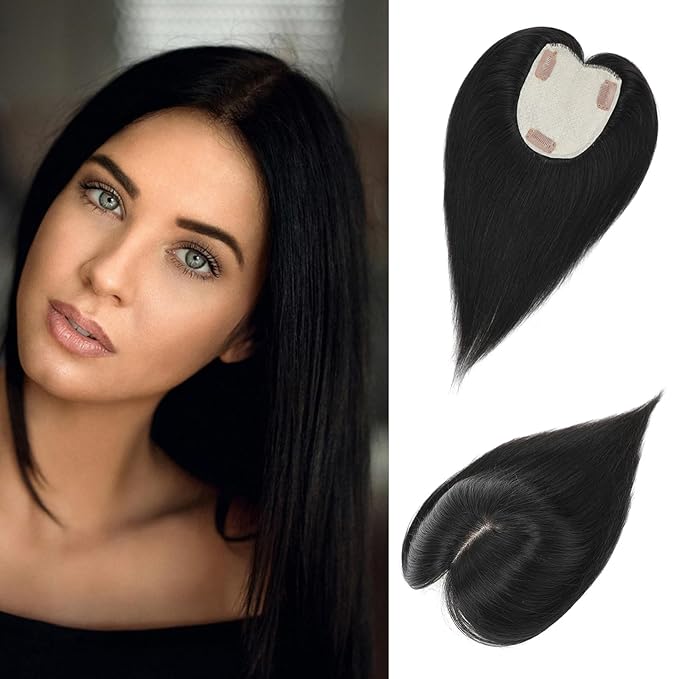 Human Hair Toppers for Women with Thinning Hair Real Human Topper Crown No Bangs 10 Inch #1B Natural Black