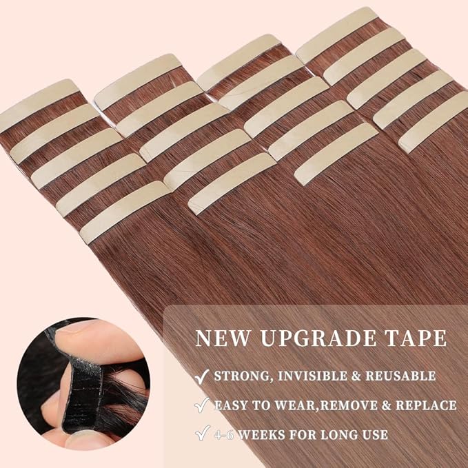 Tape in Hair Extensions Human Hair Dark Auburn Remy Hair Extensions 20pcs 14 Inch Straight Invisible Human Hair Tape in Extensions Skin Weft Tape Extensions Human Hair (33#,14 Inch)