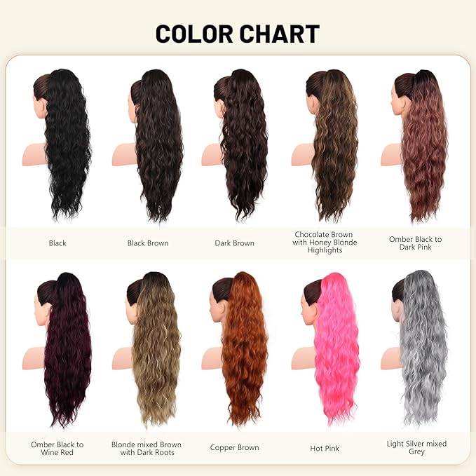LEEONS 26 inch Drawstring ponytail Extension, Long Wavy pony tails hair extensions for Women - Synthetic Hairpiece Ponytail for Daily Use (Dark Brown)