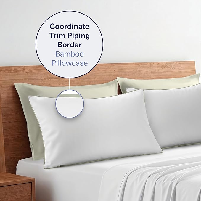Kickoff Viscose Bamboo Pillowcase, King, Set of 2, 100% Organic Hidden Zippered Viscose Bamboo Pillow Case King Size, Cooling Pillow Cover for Hot Sleepers (20"x40", Trimmed, Soft Sage)