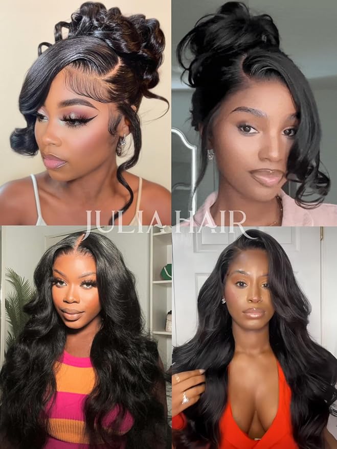 Julia Hair 13x4 Pre-Everything™ Loose Body Wave Human Hair Wig HD Lace Frontal Glueless Wig with Drawstring Face Framing Curtain Bangs Frontal 3D Body Wave Wig for Black Women Put On and Go 16 Inch