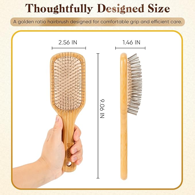 BFWood Bamboo Hair Brush with Steel Bristles, Help Hair Growth and Massaging Scalp