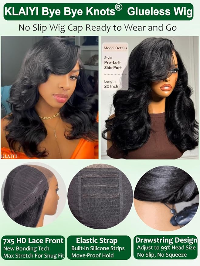 KLAIYI Bye Bye Slip™ Loose Body Wave Wig Layer Side Part 200% Density 7X5 Pre Cut Lace Front Wigs Human Hair Drawstring Glueless 30S Ready to Wear and Go Beginner Wig Pre Plucked Bleached Knots 18Inch