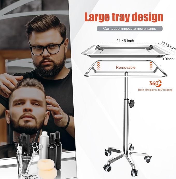 ChoJiah Extra Large Mayo Stand Rolling Salon Tray on Wheels Hairstylist Tray Heavy Duty Tattoo Tray, Ideal Use for for Hair Salon Dental Hairstylist Cart