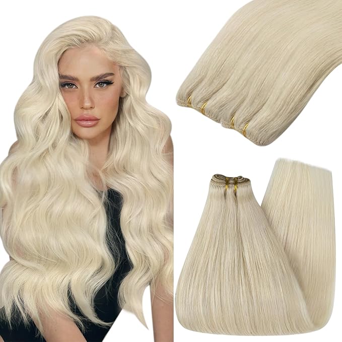 YoungSee Blonde Hair Extensions Weft Platinum Blonde Hand Tied Weft Hair Extensions Human Hair Dyable Sew in Hair Extensions Real Human Hair 16in 100g