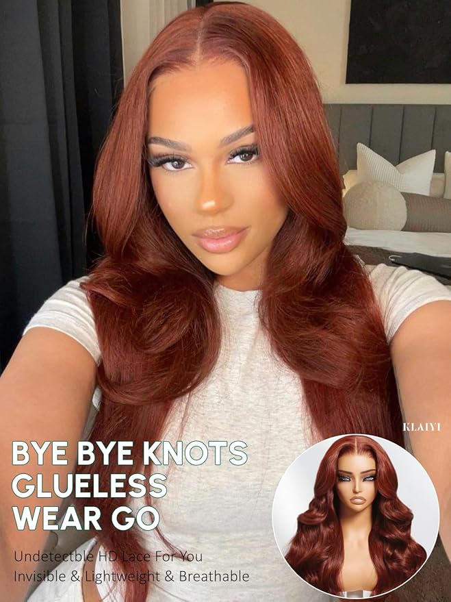 KLAIYI Bye Bye Knots Glueless Wig Reddish Brown Body Wave 7x5 Pre Cut HD Lace Front Wigs Human Hair Put On And Go Wig Pre Bleached Pre Plucked with Baby Hair 30S Ready To Wear 150% Density Full 18Inch