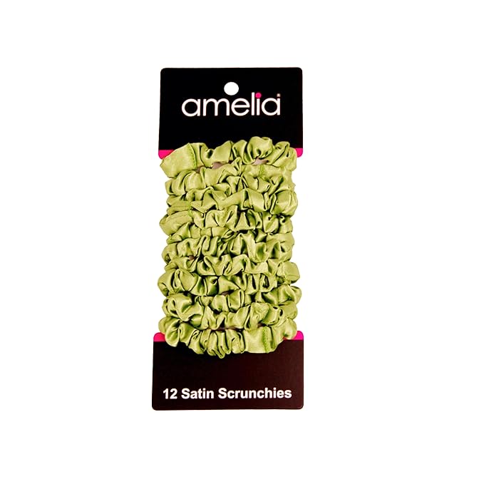 Amelia Beauty, Lime Satin Small Scrunchies, 12-Pack – No Damage Hair Ties for Women, Gentle & Durable Hair Accessories, 2.5in x 0.5in