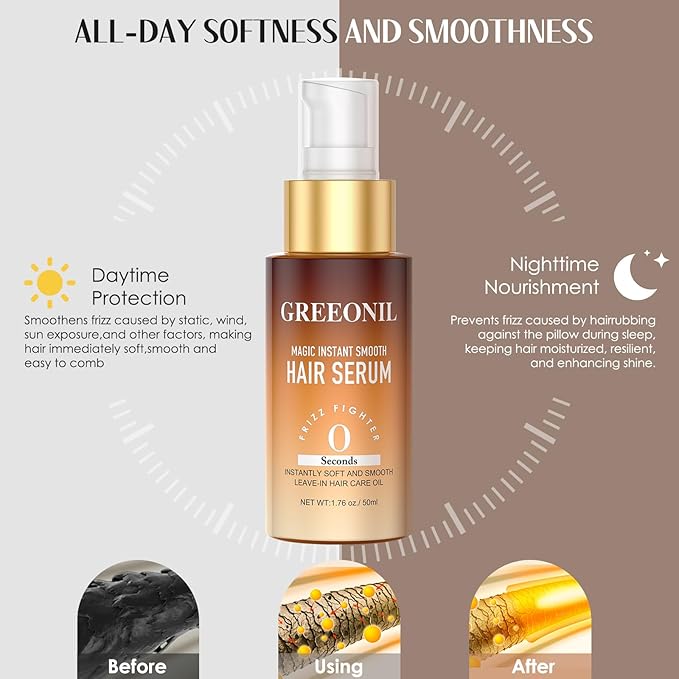 Hair Serum for Frizz Hair - Anti Frizz Serum Hydration and Shine and Gloss Treatment with Marula Oil, Squalane, Vitamin E, Olive, Leave-In, For All Hair Types, 1.76 Fl Oz