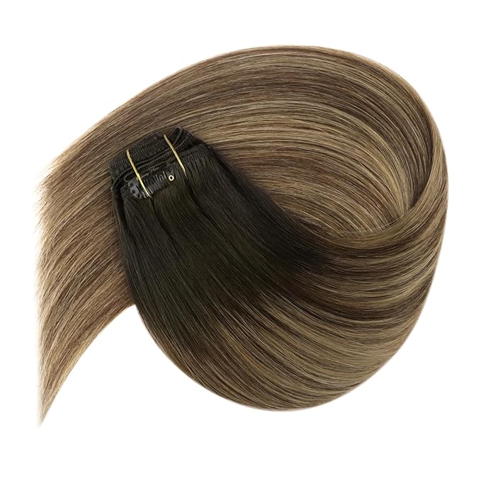 Ve Sunny Clip in Hair Extensions Real Human Hair Black Ombre Human Hair Clip in Extensions Black Balayage Brown with Blonde Clip in Human Hair Extensions 22inch 120g