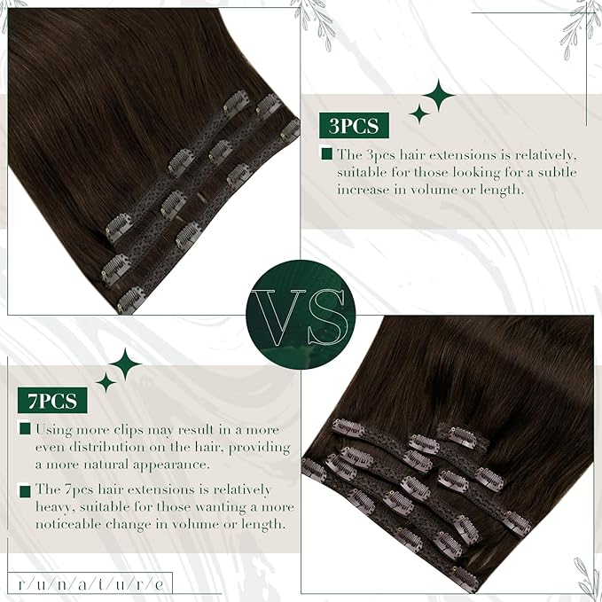 RUNATURE Brown Clip in Hair Extensions, Real Human Hair Clip in Extensions 20 Inch, Long Hair Extensions Clip Ins, Double Weft Remy Natural Hair, Add Hair Length, 50g 3pcs #2 Dark Brown