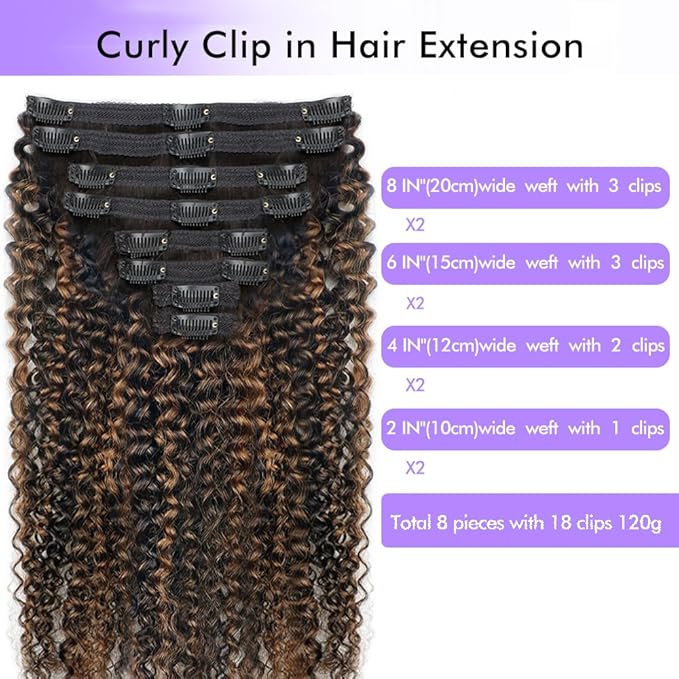 FB30 Highlight Ombre Curly Clip In Extension Human Hair 3C 4A Kinky Curly Clip Ins Full Head for Black Women Brazilian Remy Human Hair Balayage Brown 8Pcs with18clips 120g/Set (14 inch)