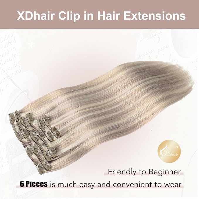 XDhair Human Hair Clip in Extensions 120g 22 Inch Ash Blonde Highlights Bleach Blonde Clip in Hair Extensions Real Human Hair Silky Straight 6pcs #18P613