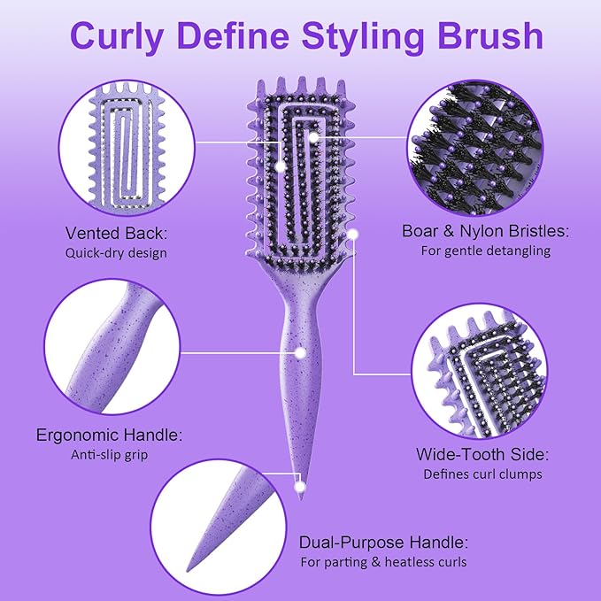 Curly Hair Brush, Curl Defining Brush with Soft Boar Bristles Detangling Tangled Glides, Wide-Teeth Design Effortlessly Shaping & Defining Curls, Curling Definer for Wet & Dry Hair (Purple)