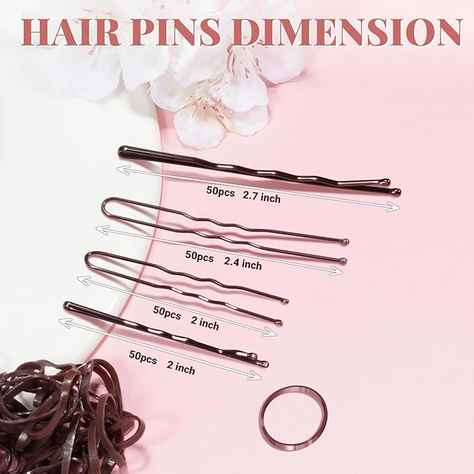 415pcs Bobby Pins Hair Pins Set, IKOCO 200pcs U Shaped Pins & Elastic Hair Ties for Women with Hair Net, Brown