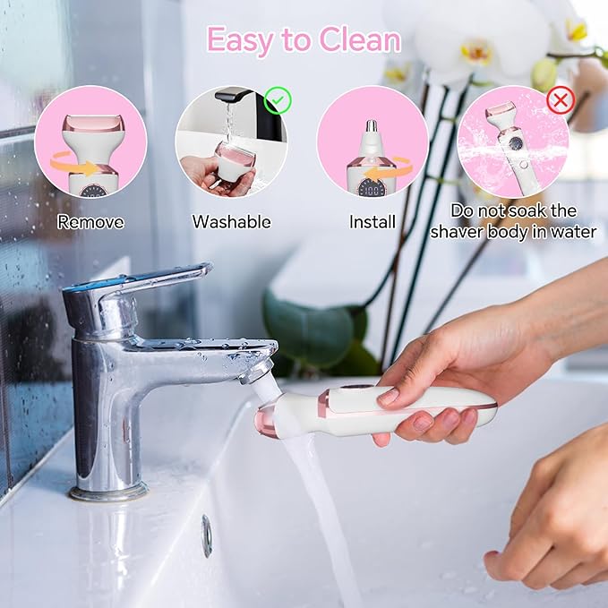 Electric Razor for Women, 4-in-1 Bikini Trimmer & Body Shaver for Face, Legs, Underarms, Pubic Hair, Rechargeable Wet/Dry Painless Hair Removal with LED Light & Travel Lock