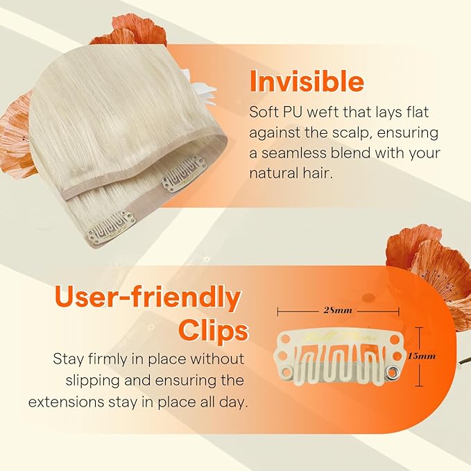Full Shine Blonde Seamless Hair Extensions Clip Ins, Color 1000 Blonde Seamless Clip in Hair Extensions Human Hair, PU Weft Invisible Straight Remy Hair Add Volume&Coverage, 4Pcs 12 Inch 55 Grams