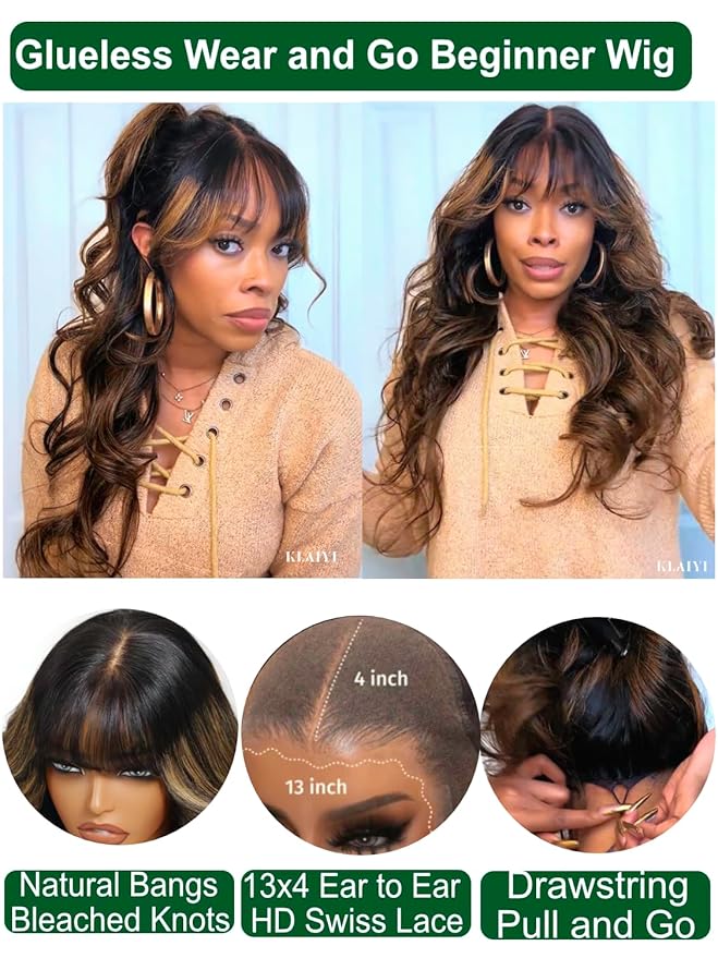 KLAIYI Ombre Brown Loose Body Wave Pre Everything Glueless 13x4 HD Lace Front Human Hair Wig with Natural Bang Highlight Balayage Brown Precut Lace Pre Plucked Bye Bye Knots Drawstring Wig 180% 22Inch