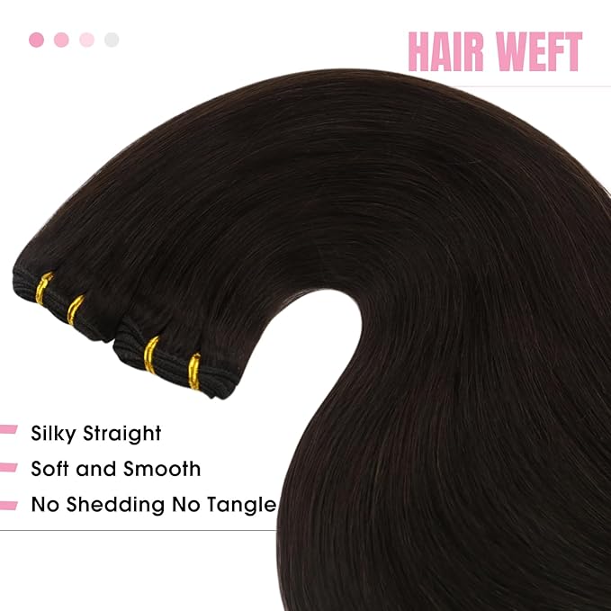 YoungSee Sew in Hair Extensions Real Human Hair Dark Brown Weft Extensions Brazilian Hair Extensions Sew in Darkest Brown for Natural Look 18Inch 100G