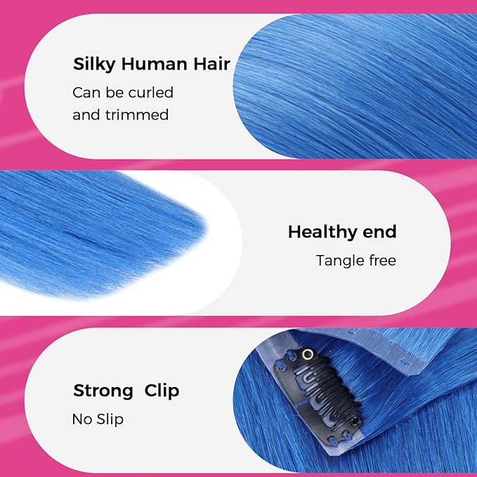 Lashey Hair Extensions Real Human Hair 48g 4pcs Blue 20 Inch Long Straight Seamless Clip in Hair Extensions Human Hair for Colored Highlight