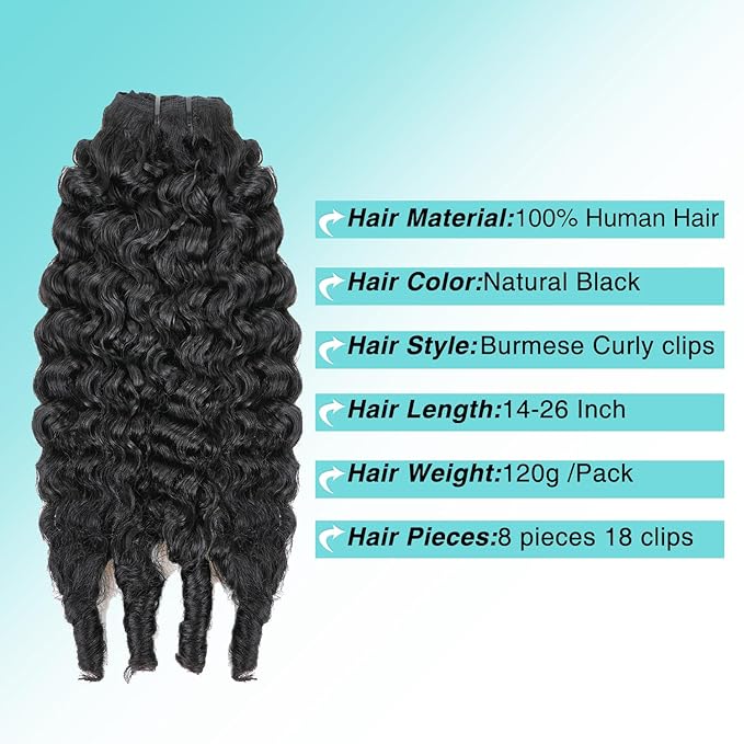Burmese Curly Clip In Hair Extensions Real Human Hair 8pcs 120g/Set Spirally Curly Classic Clips Ins Full Head For Black Women 24 Inch Natural Black