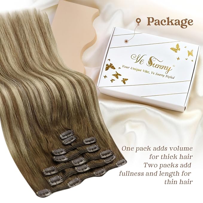 Ve Sunny Clip in Hair Extensions Balayage Human Hair Clip in Extensions Ombre Chestnut Brown to Platinum Blonde Clip in Hair Extensions Real Human Hair for Holiday Party 120g 7pcs 16inch