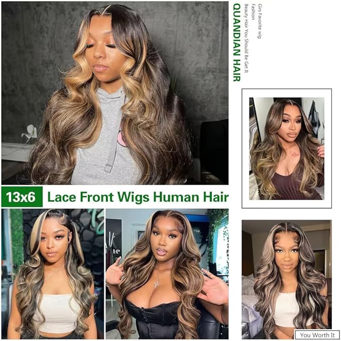 34 Inch Balayage Highlight Lace Front Wig Human Hair FB/27 Body Wave Lace Front Wigs Human Hair 13x6 HD Lace Glueless Wig for Black Women 180% Density Honey Blonde Balayage Wig Human Hair