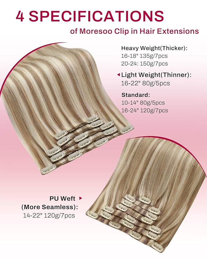 Moresoo Blonde Highlight Clip in Hair Extensions Light Brown with Blonde Highlights Clip in Extensions Real Human Hair Double Weft for Party 80g/5pcs 18 inch