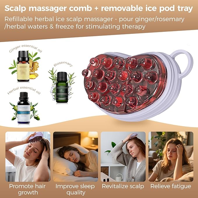 Ice Compress Scalp Massager Hair Growth Massage Comb - Upgraded Raised Dot Ice Tray Design for Tension Headache Relief and Scalp Care (Purple)