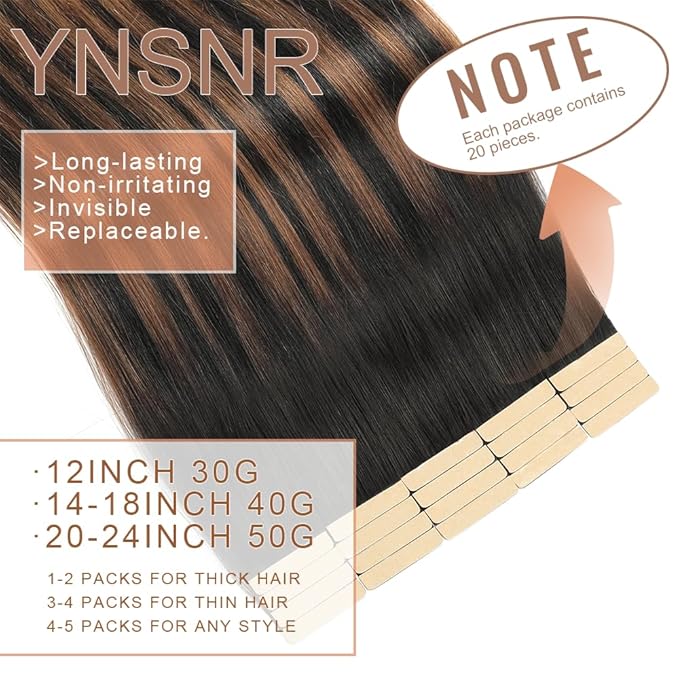 Human Hair Tape in Extensions Natural Black Mixed Chestnut Brown 20 Inch Invisible Tape in Hair Extensions Human Hair for Women Hair Extensions Real Human Hair Tape in