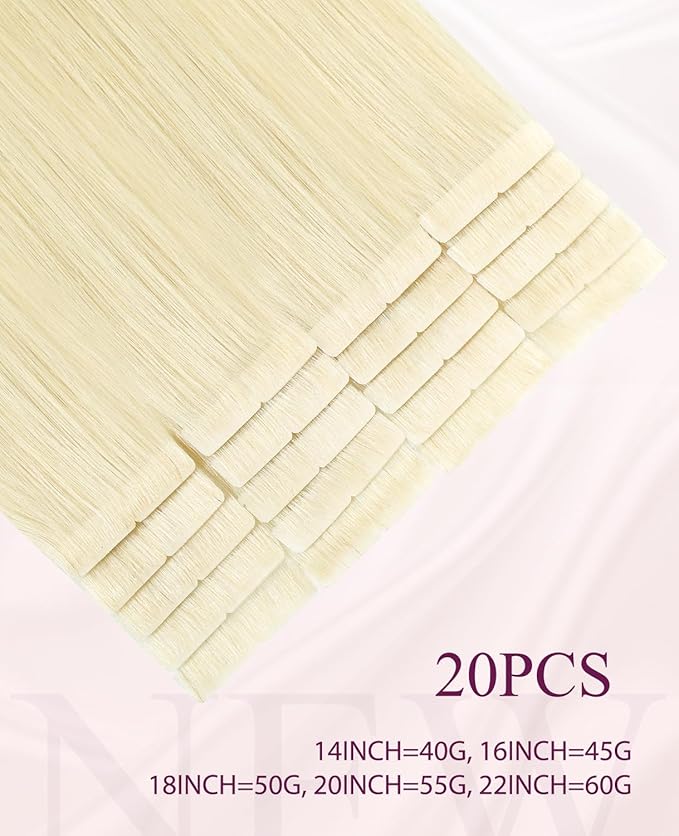 Pinkpearl Invisible Tape in Hair Extensions Human Hair, 20pcs 20inch 55g #60 Platinum Blonde Injection Tape in Extensions Real Remy Straight Seamless Silky Human Hair Injected