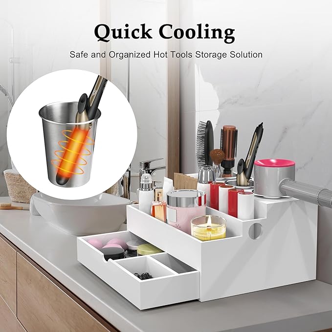 Hair Tool Organizer, Wood Hair Dryer Holder with Drawer & 3 Stainless Steel Cups, Versatile Bathroom Vanity Storage for Hair Styling Tools, Hot Tools, Brushes and Cosmetics - White