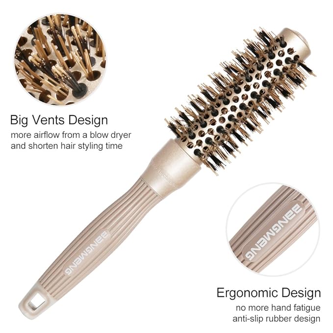 Round Brush with Boar Bristles, 1 inch Barrel, Nano Thermal Ceramic Ionic Tech for Straightening and Blow Drying, Gold