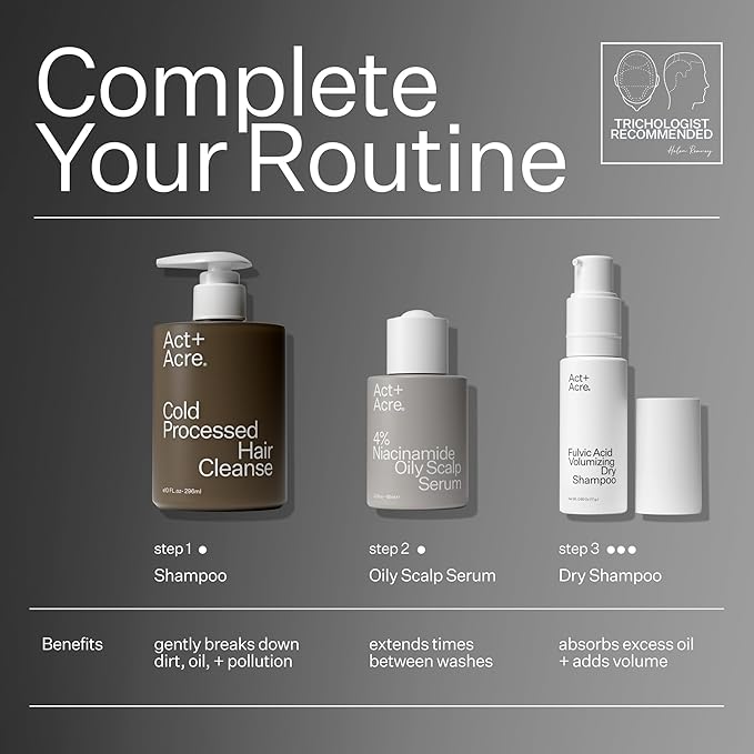 Act+Acre Cold Processed 4% Niacinamide Oily Scalp Serum | Reduces Oil & Odor | Fermented Green Tea + Astragalus | Extends Time Between Washes | Vegan, Fragrance-Free | 2.2 Fl Oz