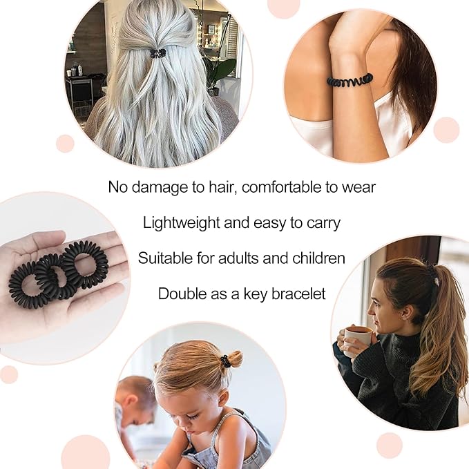 JessLab Spiral Hair Ties, 20 Pcs Traceless Phone Cord Hair Ties No Crease Spiral Bracelet Plastic Coil Ponytail Holders No-Damage Headband Hair Accessory for Girls Women Ladies Gift, Black Matte
