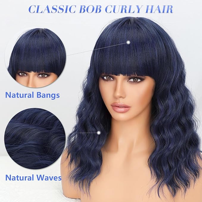 Nnzes Wig with Bangs for Women Short Bob Wavy Charming Synthetic Dark Blue Wigs with Natural Shoulder Length Curly Heat Resistant Hair for Daily Party Use